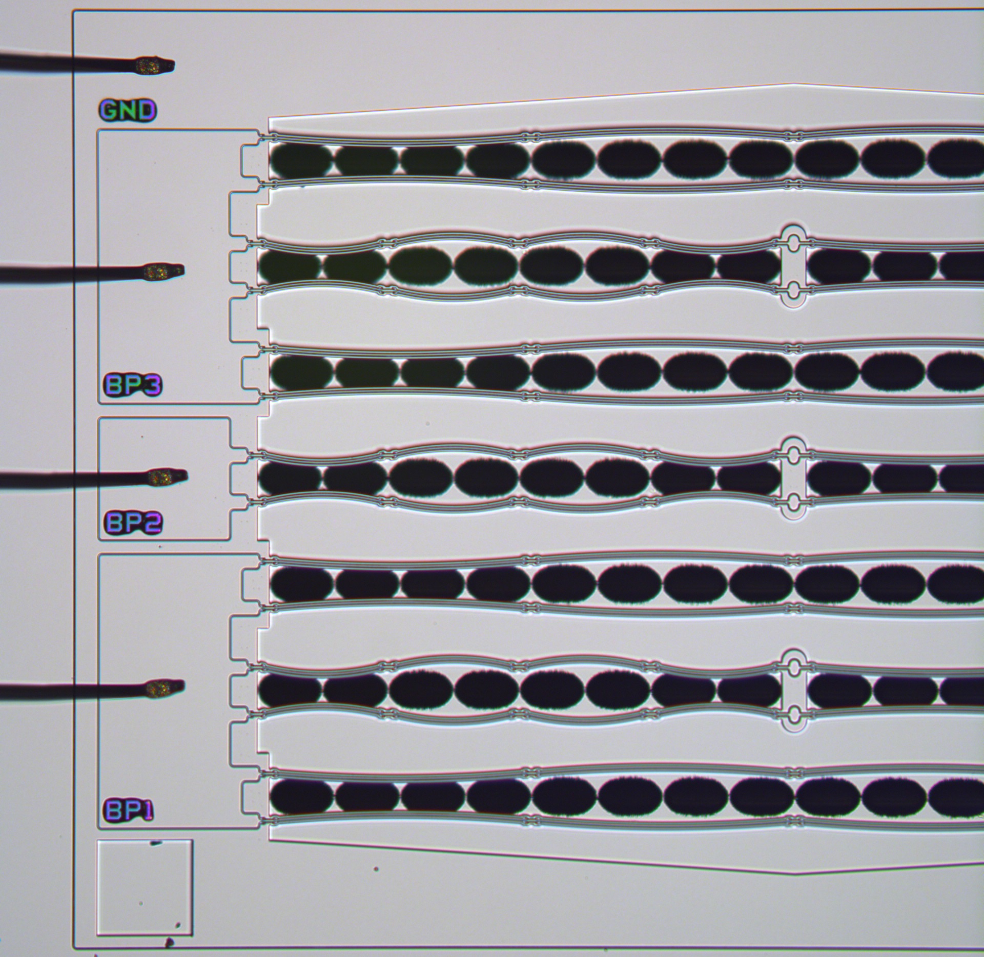 MEMS Chip mit drei Mikrolautsprecher Bauelementen auf Trägerplatine zur Ansteuerung