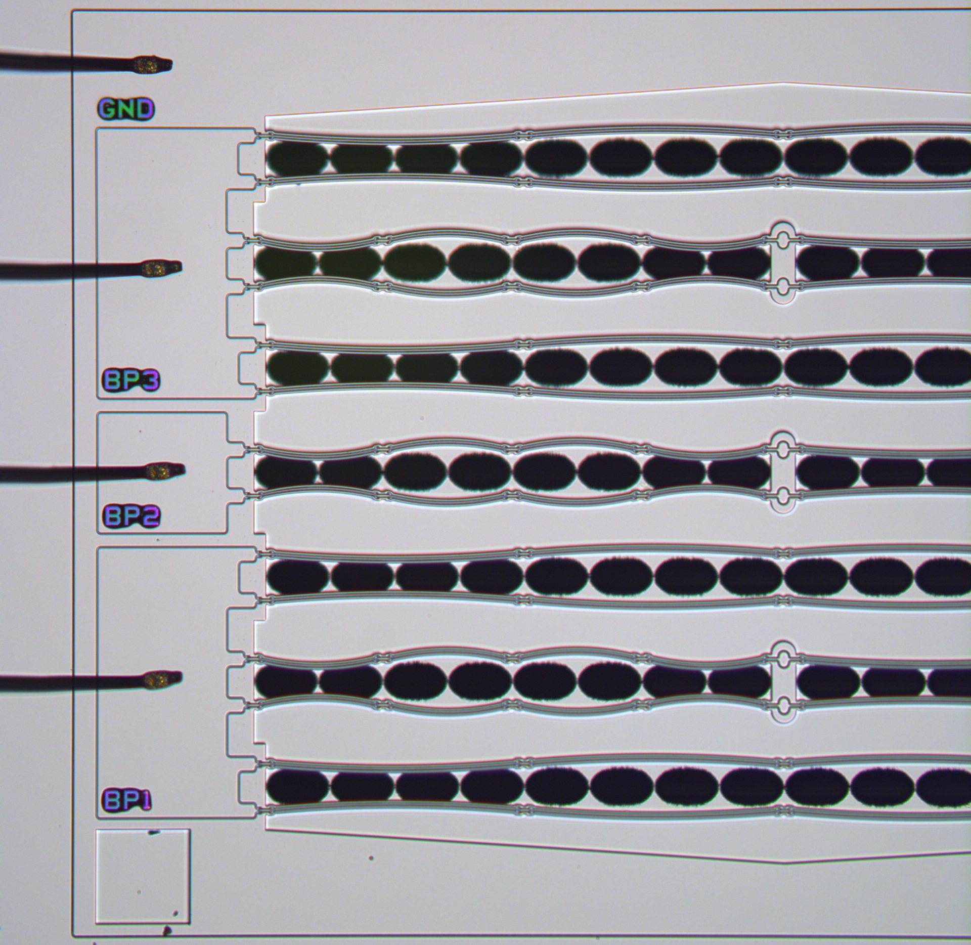 MEMS Chip mit drei Mikrolautsprecher Bauelementen auf Trägerplatine zur Ansteuerung MEMS Chip mit drei Mikrolautsprecher Bauelementen auf Trägerplatine zur Ansteuerung