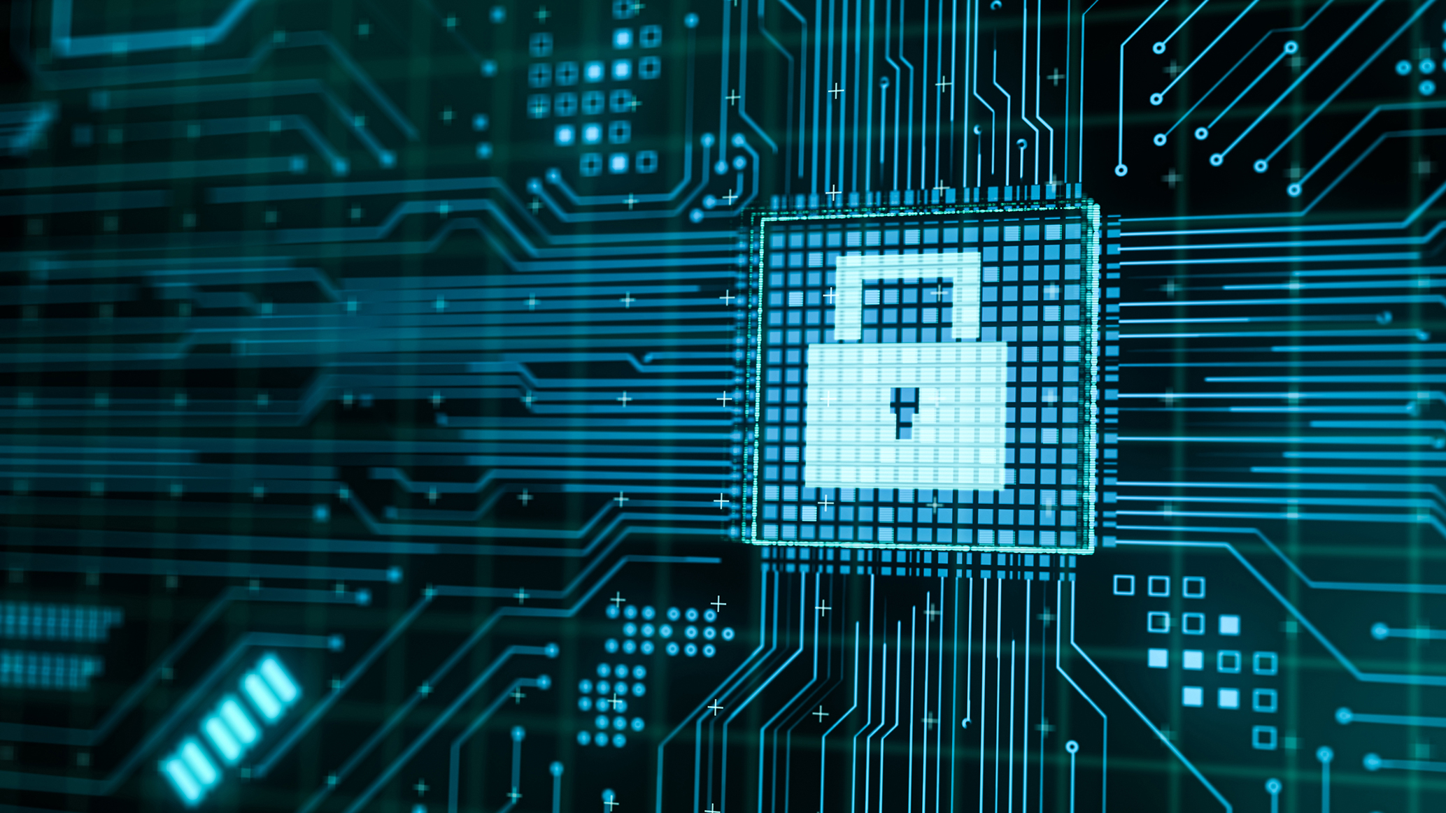 Microchip processing data through computer motherboard circuit with fully protection pad lock symbol, 3d rendering abstract Cyber Security safety illustration, CPU hardware firewall technology concept