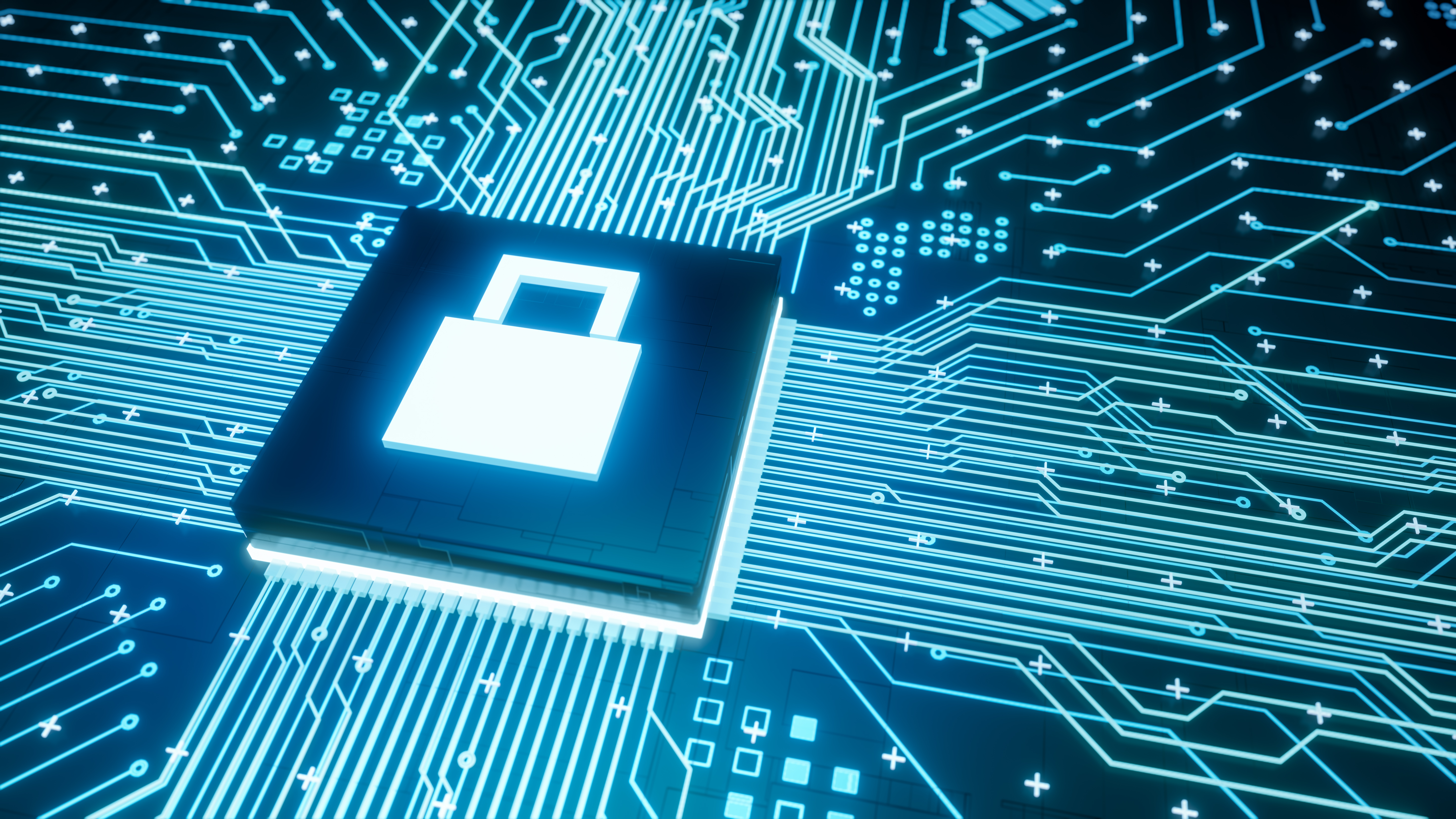 Fully lock symbol microchip on motherboard circuit inside computer hardware, 3d rendering digital data protection and cyber security business concept background