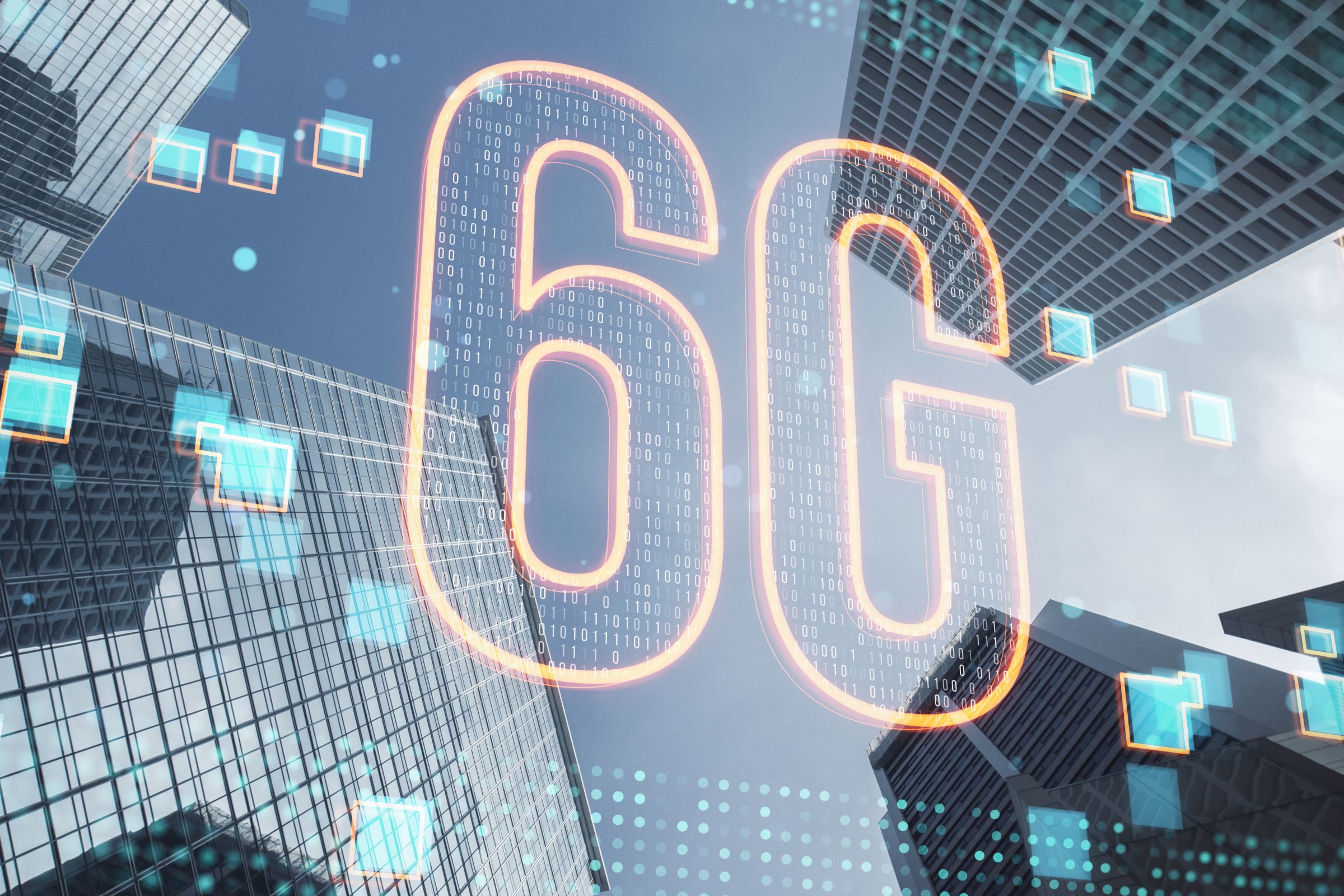 Abstract neon 6G network symbol glowing over modern cityscape, representing the next-generation of high-speed internet connectivity