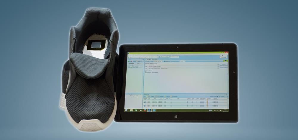 Polymer energy converter embedded in the sole of a running shoe with data transmission to a tablet.