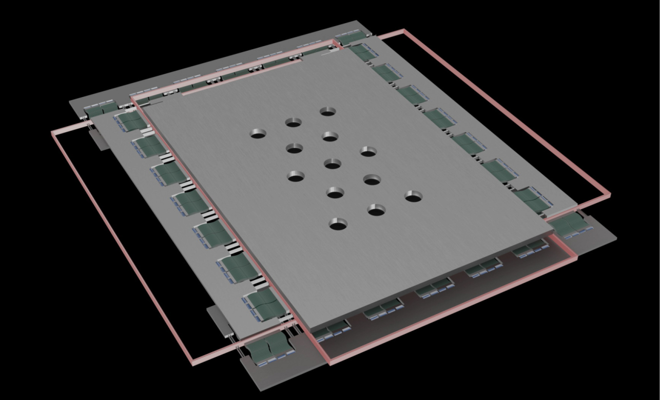 The image shows two levels of NED inchworm drive (Actuators and blocks) on top of each other to decouple X and Y movement. The optics lie on the upper level