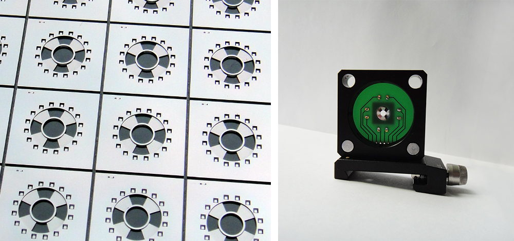 Silicon wafer with processed microfluidic lens chambers (left), Adjustable microlens component with integrated polymer actuator (right).