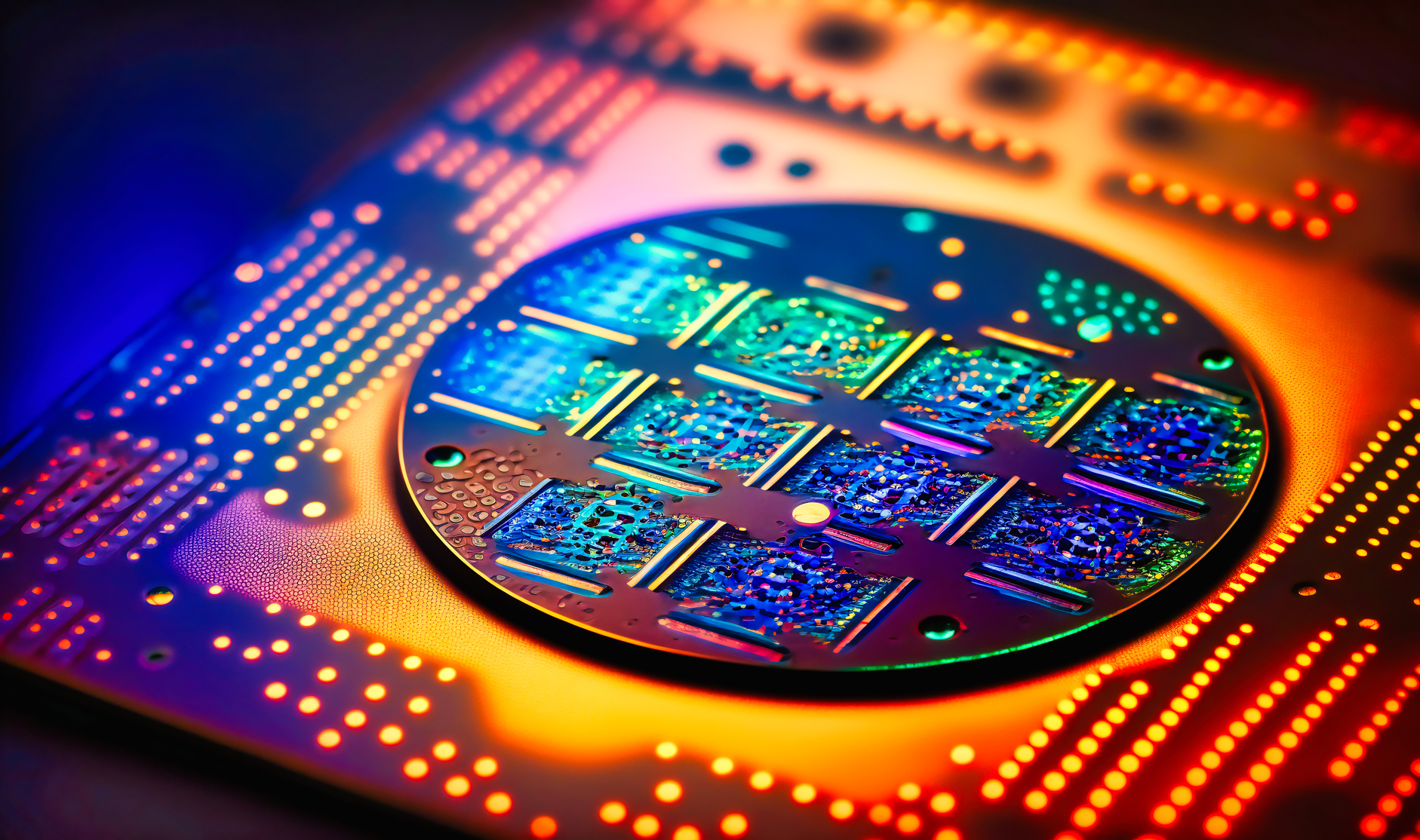 a close-up shot of a silicon wafer, showcasing the precise patterns etched into its surface
